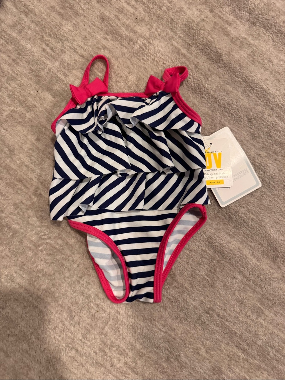 Koala Kids Navy Stripe One-Piece Swimsuit with Pink Trim